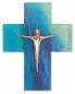 Preview: Wandkreuz 14,5 x 11,5 cm Glas blau mit Bronzekorpus