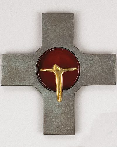 Edelstahlkreuz mit rotem Glaseinsatz