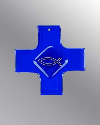 Glaskreuz blau Fisch gold