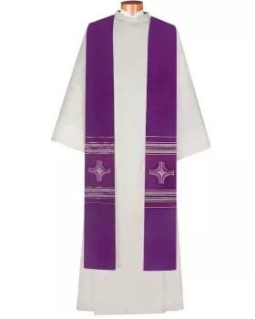 Stola 140 cm Wolle & Seide violett Kreuze gestickt