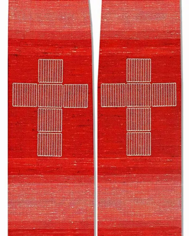 Stola rot, Wolle & Seide 140 cm, Kreuze gestickt