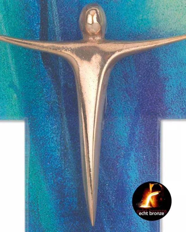 Wandkreuz 14,5 x 11,5 cm Glas blau mit Bronzekorpus