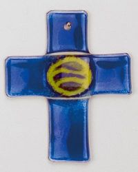 Glaskreuz blau, mit gelber Symbolik 11 cm x 9