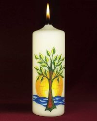 Kerze mit Colordruck Lebensbaum und Sonne
