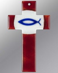 Glaskreuz rot/wei� mit blauem Fischsymbol