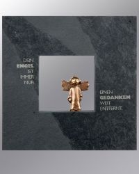 Schiefertafel, 14,5 cm x 14,5 cm, mit Bronzeengel stehend