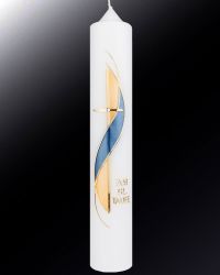 Taufkerze 290/50mm, blau/gelbe Ornamentik mit