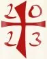 Preview: Tischkerze 150 x 60 mm rot Ostern A+O mit Jahreszahl