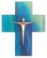Preview: Wandkreuz 14,5 x 11,5 cm Glas blau mit Bronzekorpus