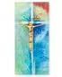 Preview: Glaskreuz 13 x 6 cm bunter Aufdruck mit Bronzekorpus