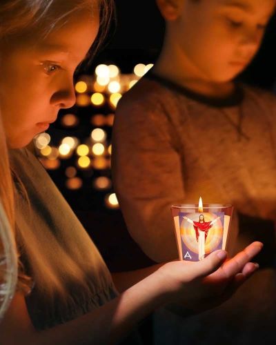 Preview: 12 Kerzengläser 65 x 65 mm Auferstehung Christi A + O