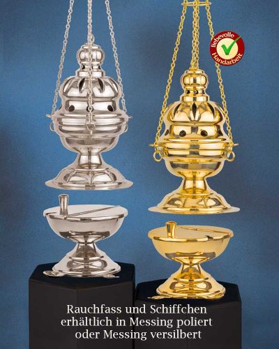 Rauchfaß Messing poliert 22 cm hoch, mit Schiffchen