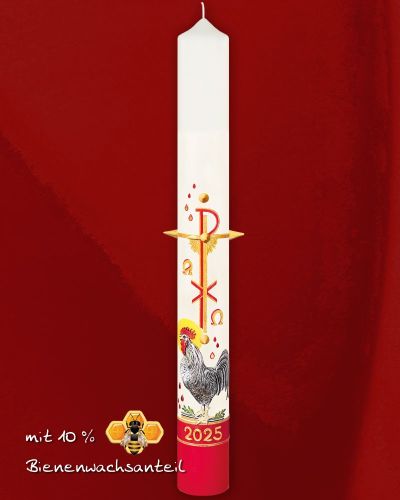 Osterkerze 800 x 80 mm Kreuz Erwachet mit Hahn