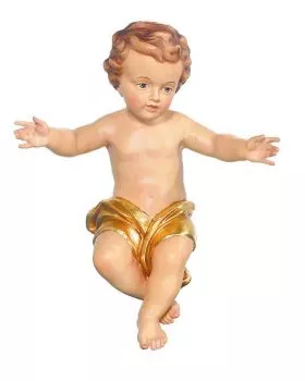 Jesuskind 40 cm geschnitzt koloriert, Tuch vergoldet