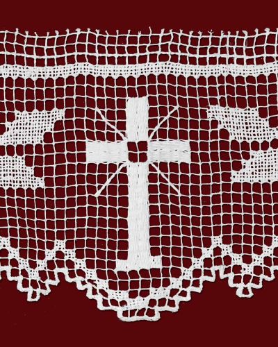 Preview: Filetspitze 12 cm breit Leinen Trauben & Kreuz