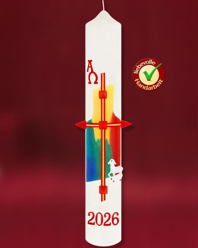 Osterkerze 400 x 60 mm Kreuz mit Lamm A + O