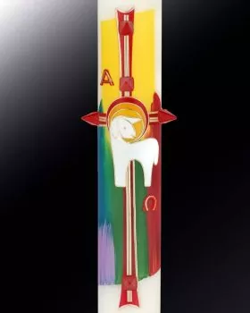 Osterkerze 800 x 80 mm farbig mit Kreuz und Lamm