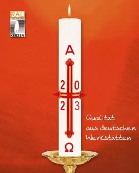 Osterkerze 400 x 60 mm A+O Kreuz klassik rot & gold 2023