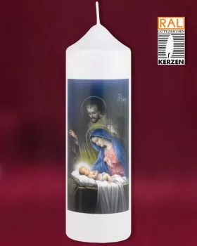 Weihnachtskerze 165x50mm weiß, Motiv Christi Geburt