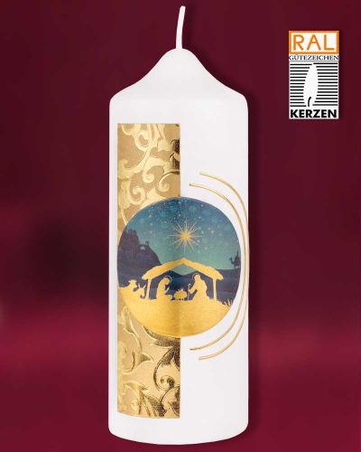 Weihnachtskerze 165x60mm Krippenmotiv Goldornament