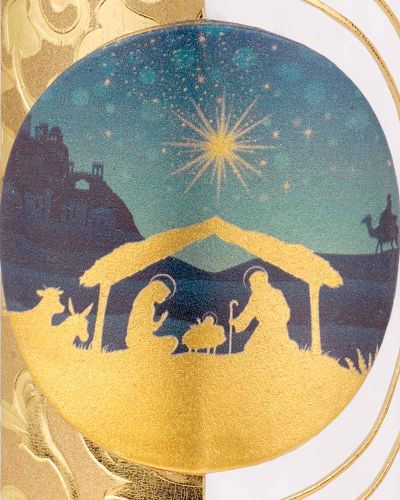 Weihnachtskerze 165x60mm Krippenmotiv Goldornament