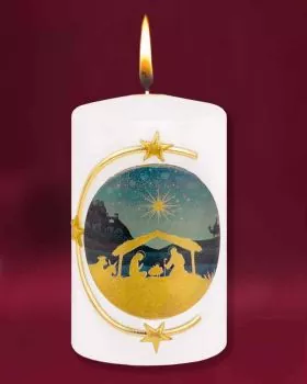 Weihnachtskerze 100x60mm Krippenmotiv gold verziert