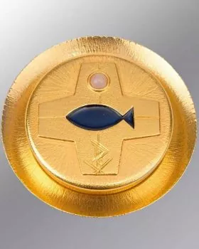 Versehpatene mit Fisch aus blauem Kaltemail, vergoldet