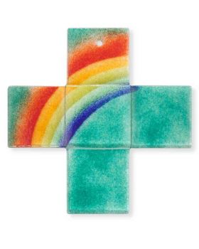 Glaskreuz Fusig grün mit Regenbogenmotiv 9 x 9 cm