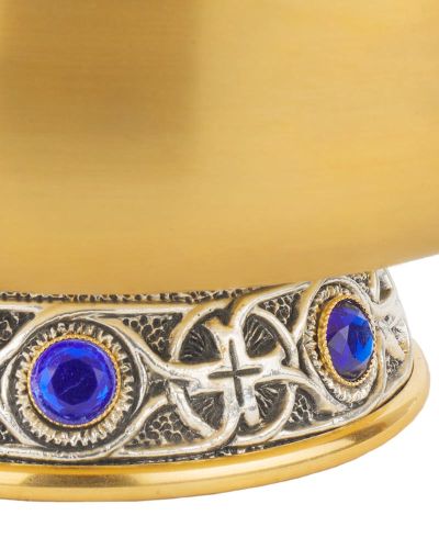 Hostienschale 7 cm hoch, vergoldet Nodus mit blauen Steinen