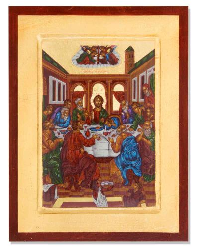 Griechische Ikone Letztes Abendmahl - Gedruckt Auf Holz Mit Goldhintergrund | 15x10 Cm