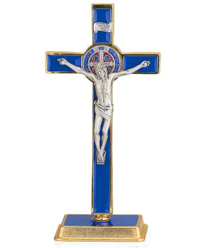 Stehkreuz Emaillack blau mit Christuskörper 10 x 20 cm