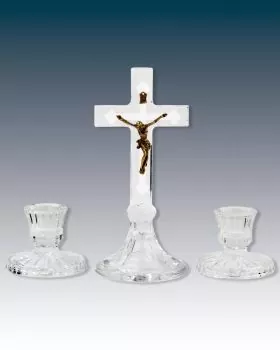Altargarnitur Glas Stehkreuz 20 cm mit Kerzenleuchter