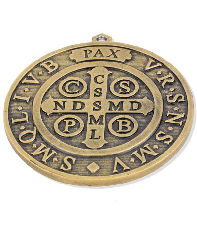 Preview: St. Benedikt Medaille 10 cm Ø Messing patiniert