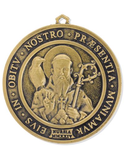 Preview: St. Benedikt Medaille 10 cm Ø Messing patiniert