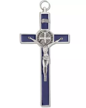 Benediktuskreuz 13,5 x 7 cm blau, mit Korpus aus Metall
