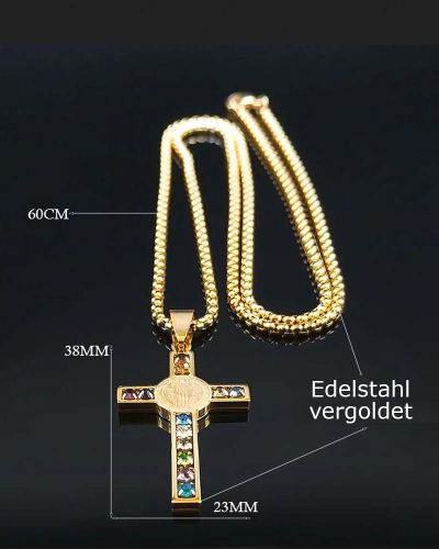 Preview: Benediktuskreuz mit Kette 3,5 x 2 cm, Edelstahl vergoldet