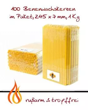 100 Opferkerzen 245 x 7 mm 100 % Bienenwachs