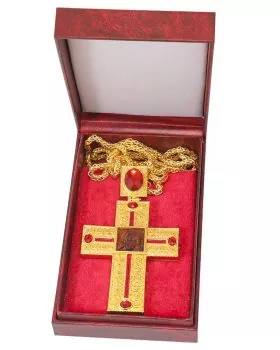 Bischofskreuz 135x80 mm vergoldet, mit Kette, im Etui