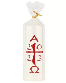 Tischkerze 120 x 60 mm Osterkreuz klassich A+O rot