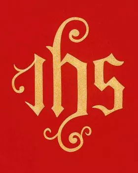 Fahne rot IHS und Kreuz goldgestickt