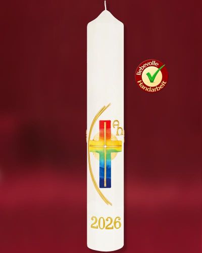 Osterkerze 400 x 60 mm, Regenbogenkreuz A + O