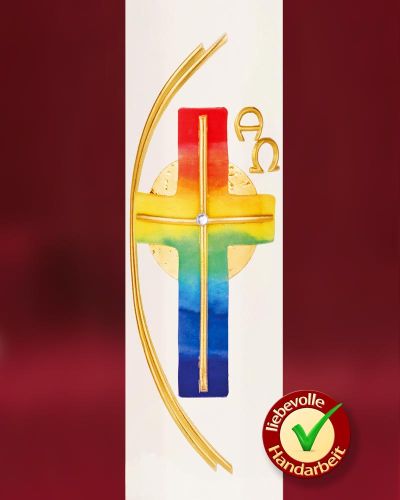 Osterkerze 400 x 60 mm, Regenbogenkreuz A + O