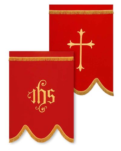 Fahne rot, 125 x 90 cm, IHS + Kreuz goldgestickt