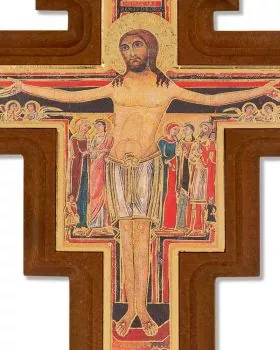 Franziskuskreuz 10 x 13 cm Holz, Colordruck mit gold
