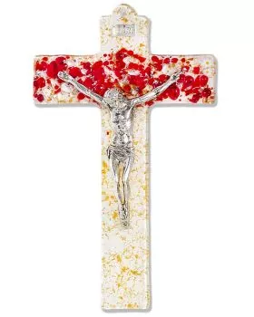 Wandkreuz mit Christus 24 x 14 cm Glasfusing rot gold