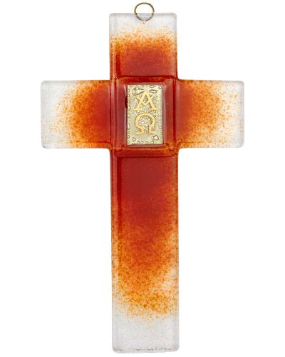 Glaskreuz 20 x 12 cm, "Alpha/Omega" Fusing rot