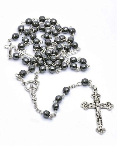 Rosenkranz Perlen Hämatit, 6 mm Ø, versilbert gekettelt