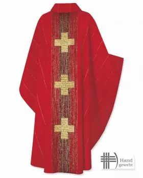Kasel mit Kragen & Stola rot, eingewebte Kreuze