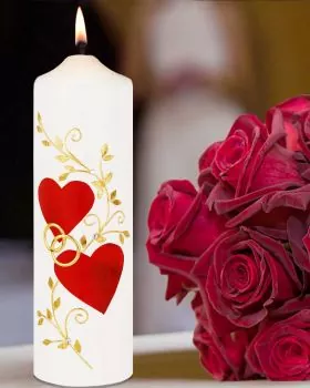 Hochzeitskerze zwei Herzen rot & gold 275 x 80 mm