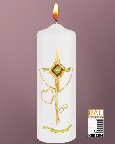 Hochzeitskerze 250 x 80 mm Kreuzdekor grün, Ringe & Herz